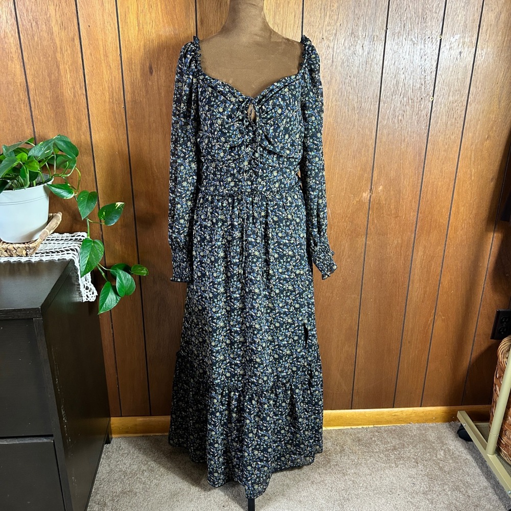 Petal + Pup Floral Maxi Dress Blue Yellow Ruched Tie Front Long Sleeve Size Boho - Picture 2 of 9